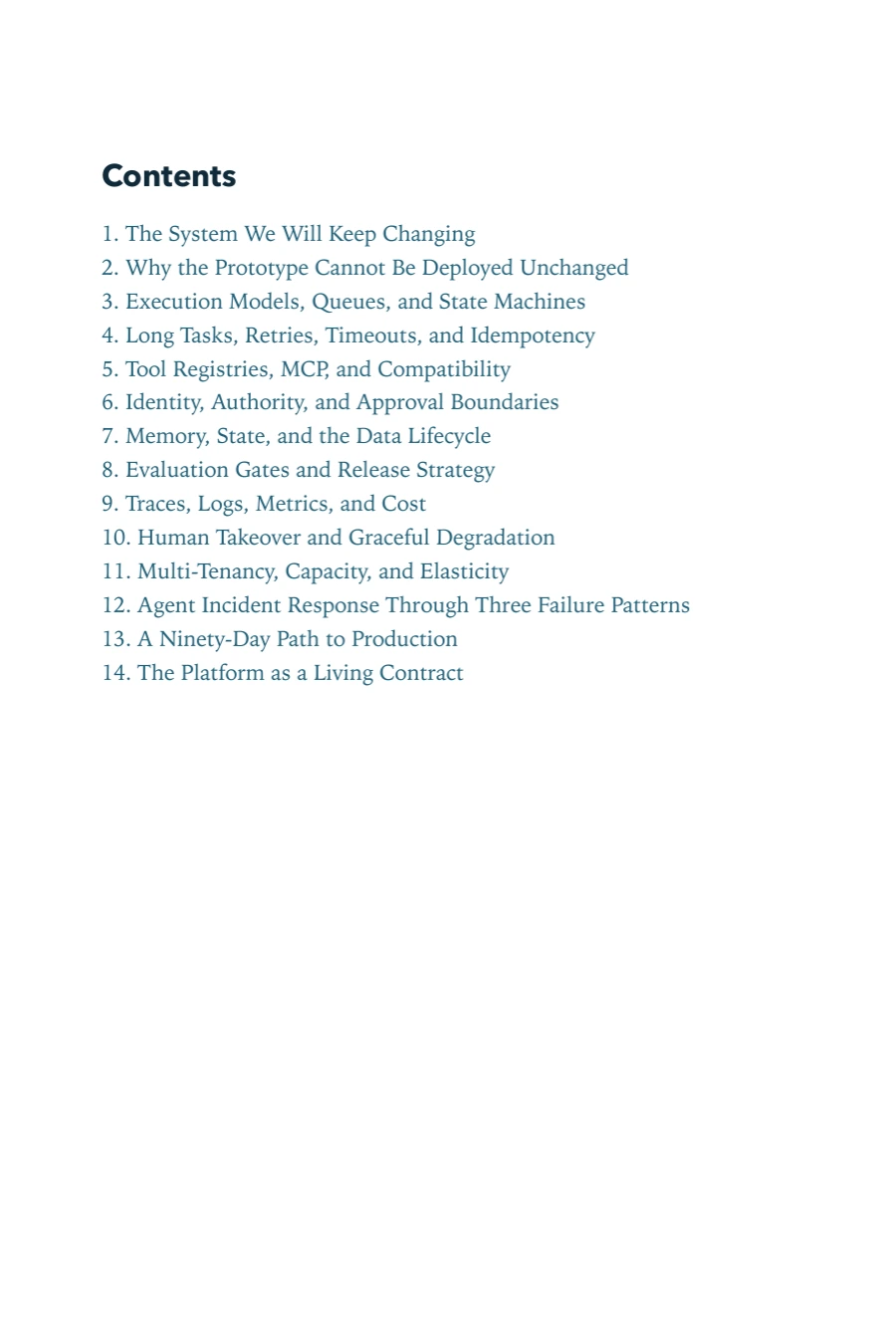 Contents page of AI Agent Platform Engineering, including Chapter 12: Agent Incident Response Through Three Failure Patterns