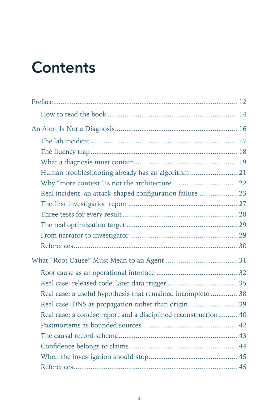 Contents page of AI Agents for SRE, including Chapter 4: Join Traces, Logs, and Metrics Without Lying