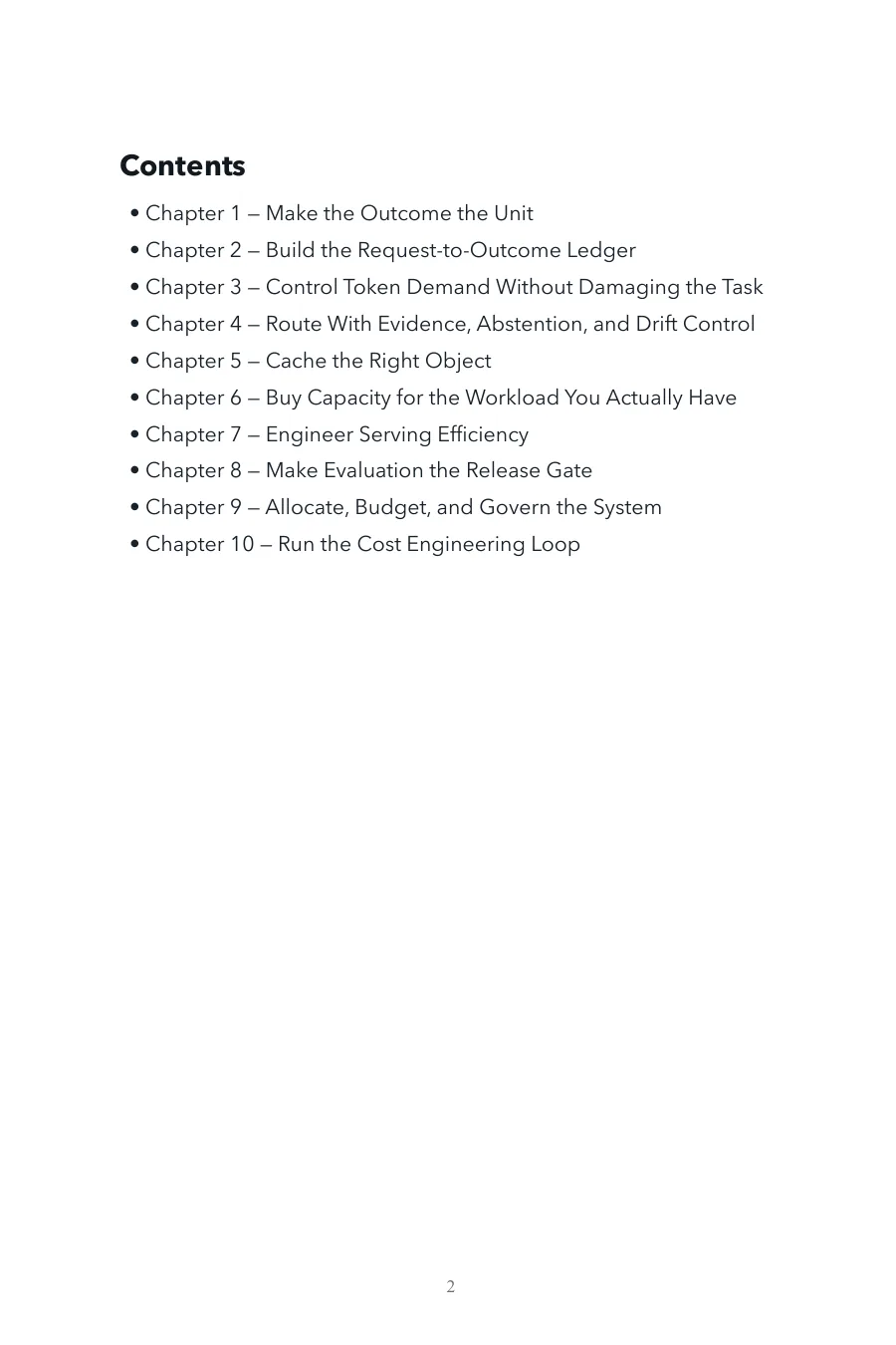 Contents page of AI Cost Engineering, including Chapter 2: Build the Request-to-Outcome Ledger