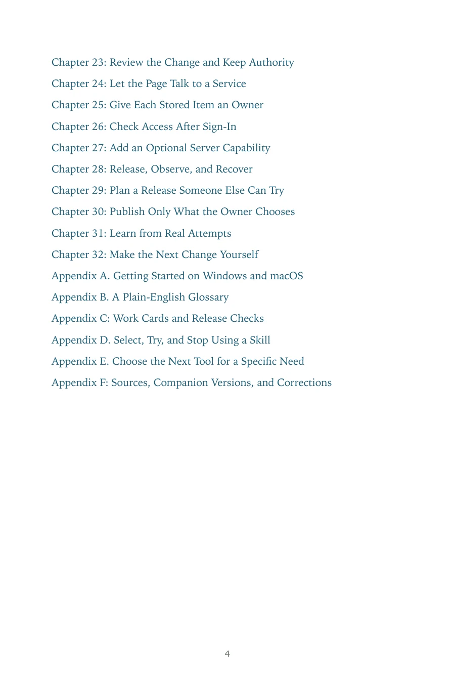 Contents page of Build Your First App with AI, including Chapter 29: Plan a Release Someone Else Can Try