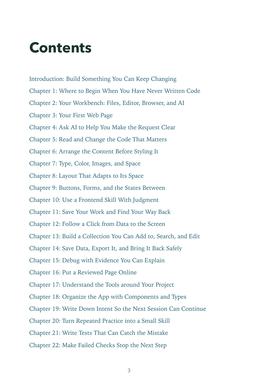 Contents page of Build Your First App with AI, including Chapter 4: Ask AI to Help You Make the Request Clear