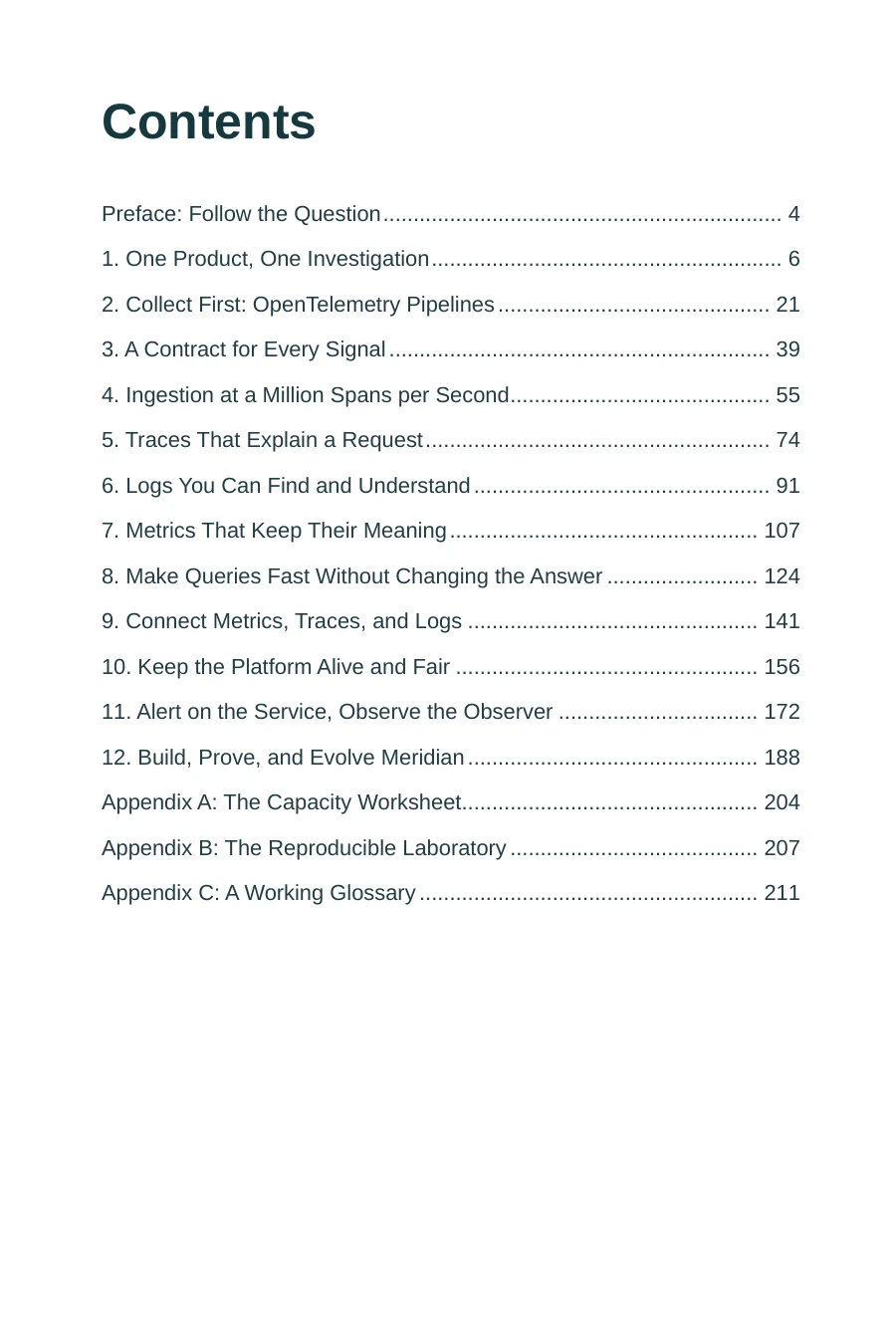 Contents page of ClickHouse Observability at Scale, including Chapter 4: Ingestion at a Million Spans per Second