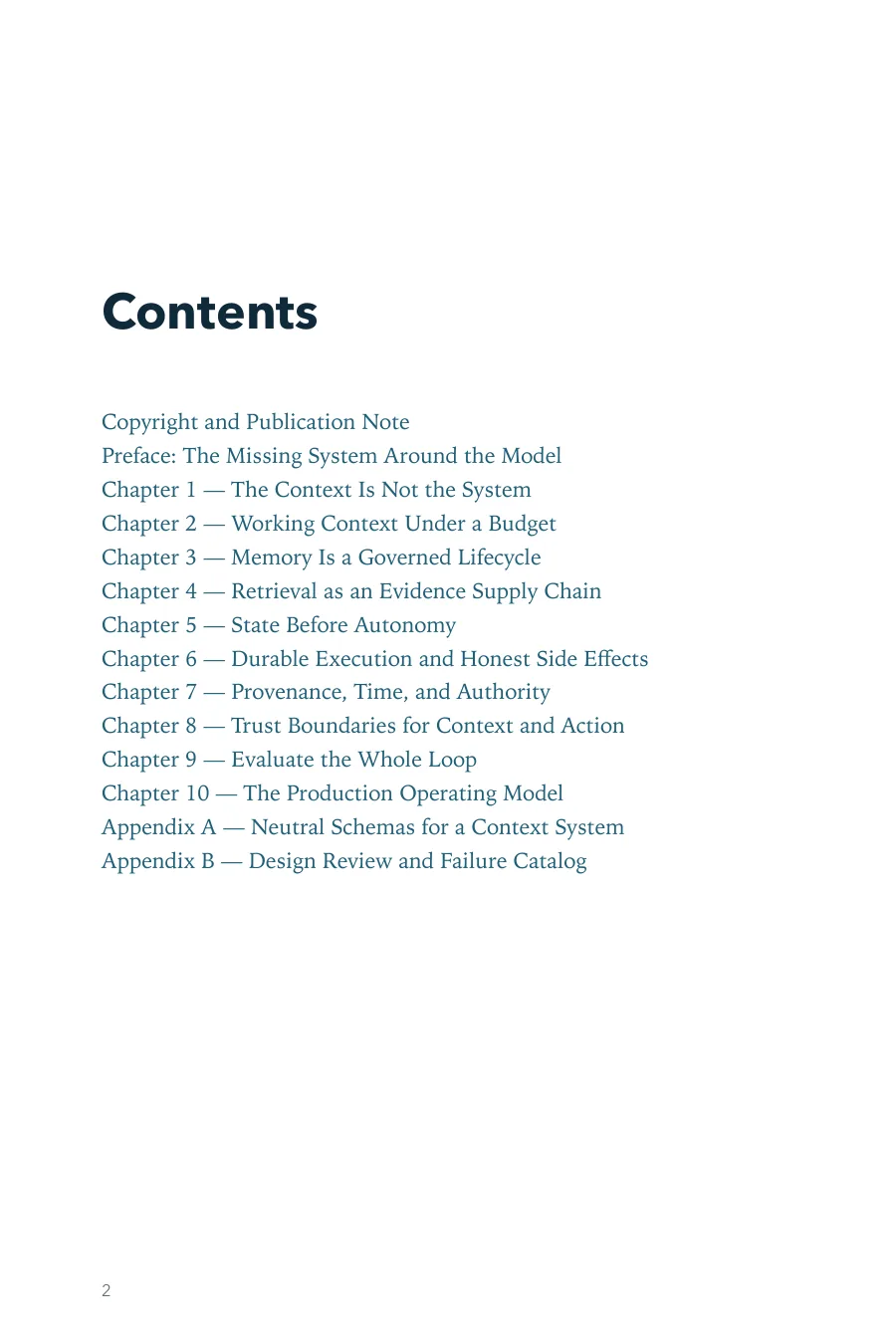 Contents page of Context Engineering in Production, including Chapter 1: The Context Is Not the System
