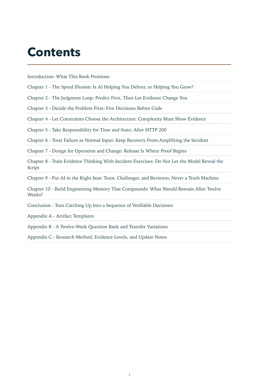 Contents page of Engineering Judgment in the Age of AI, including Chapter 1: The Speed Illusion: Is AI Helping You Deliver, or Helping You Grow?