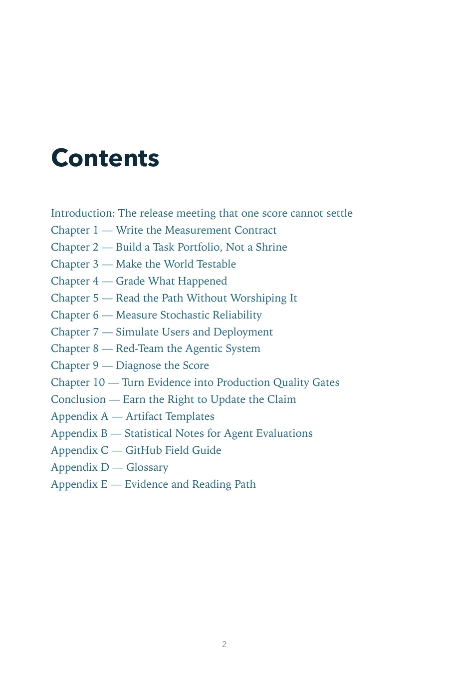 Contents page of Evaluating AI Agents, including Chapter 2: Build a Task Portfolio, Not a Shrine