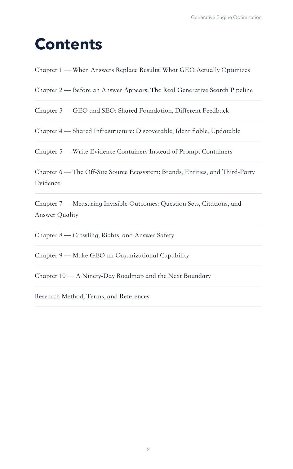 Contents page of Generative Engine Optimization, including Chapter 3: GEO and SEO: Shared Foundation, Different Feedback