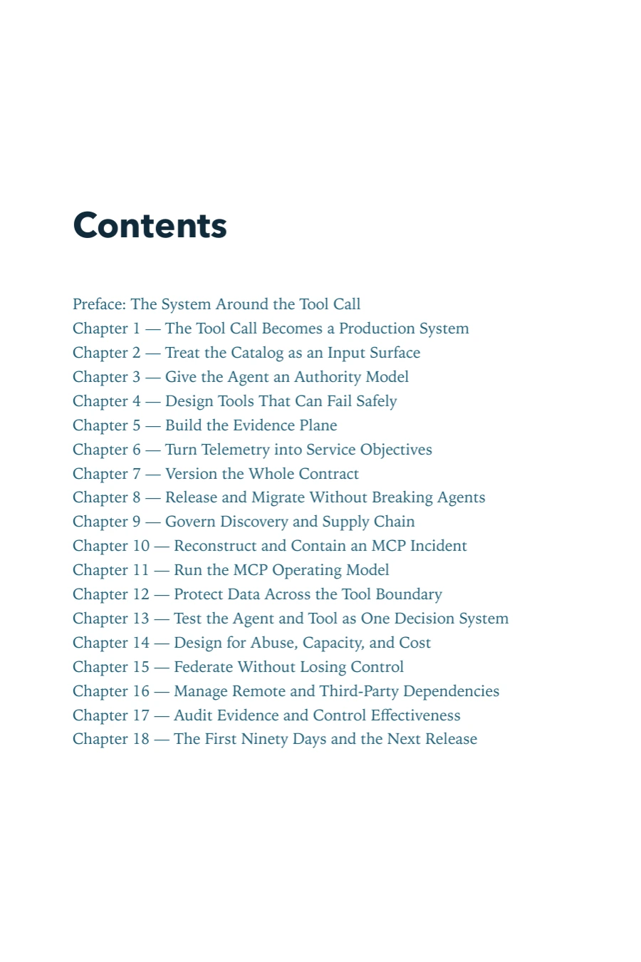 Contents page of MCP in Production, including Chapter 8: Release and Migrate Without Breaking Agents
