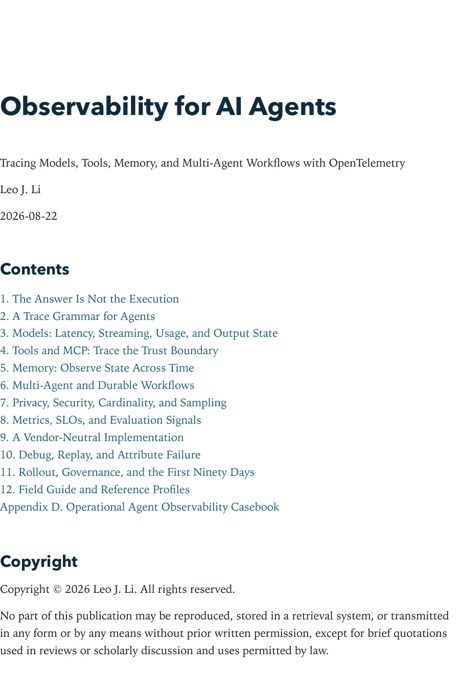 Contents page of Observability for AI Agents, including Chapter 2: A Trace Grammar for Agents