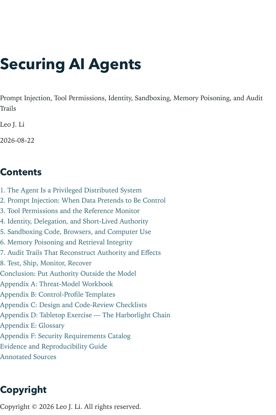 Contents page of Securing AI Agents, including Chapter 2: Prompt Injection: When Data Pretends to Be Control