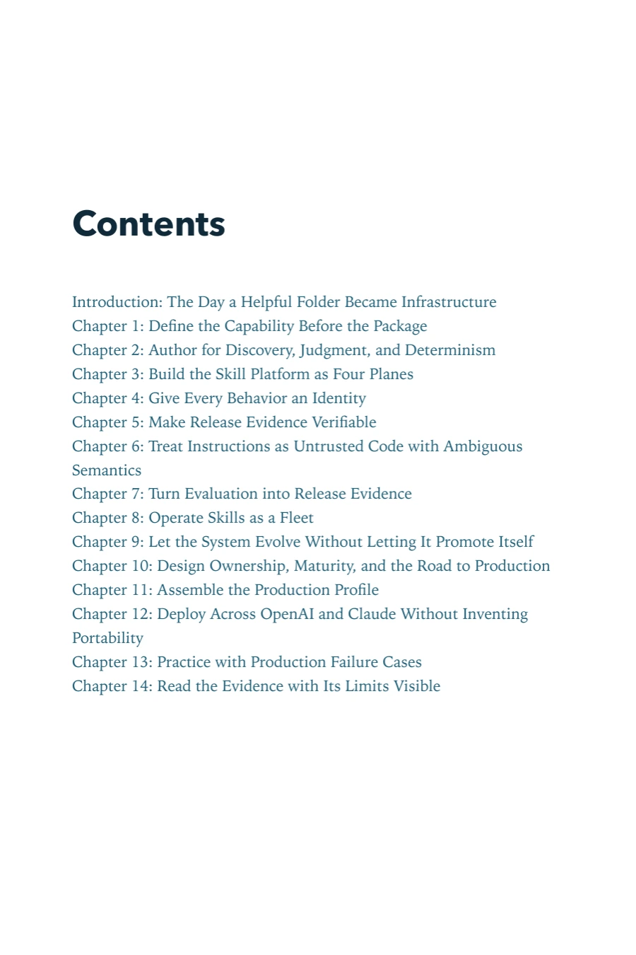 Contents page of Skills in Production, including Chapter 9: Let the System Evolve Without Letting It Promote Itself