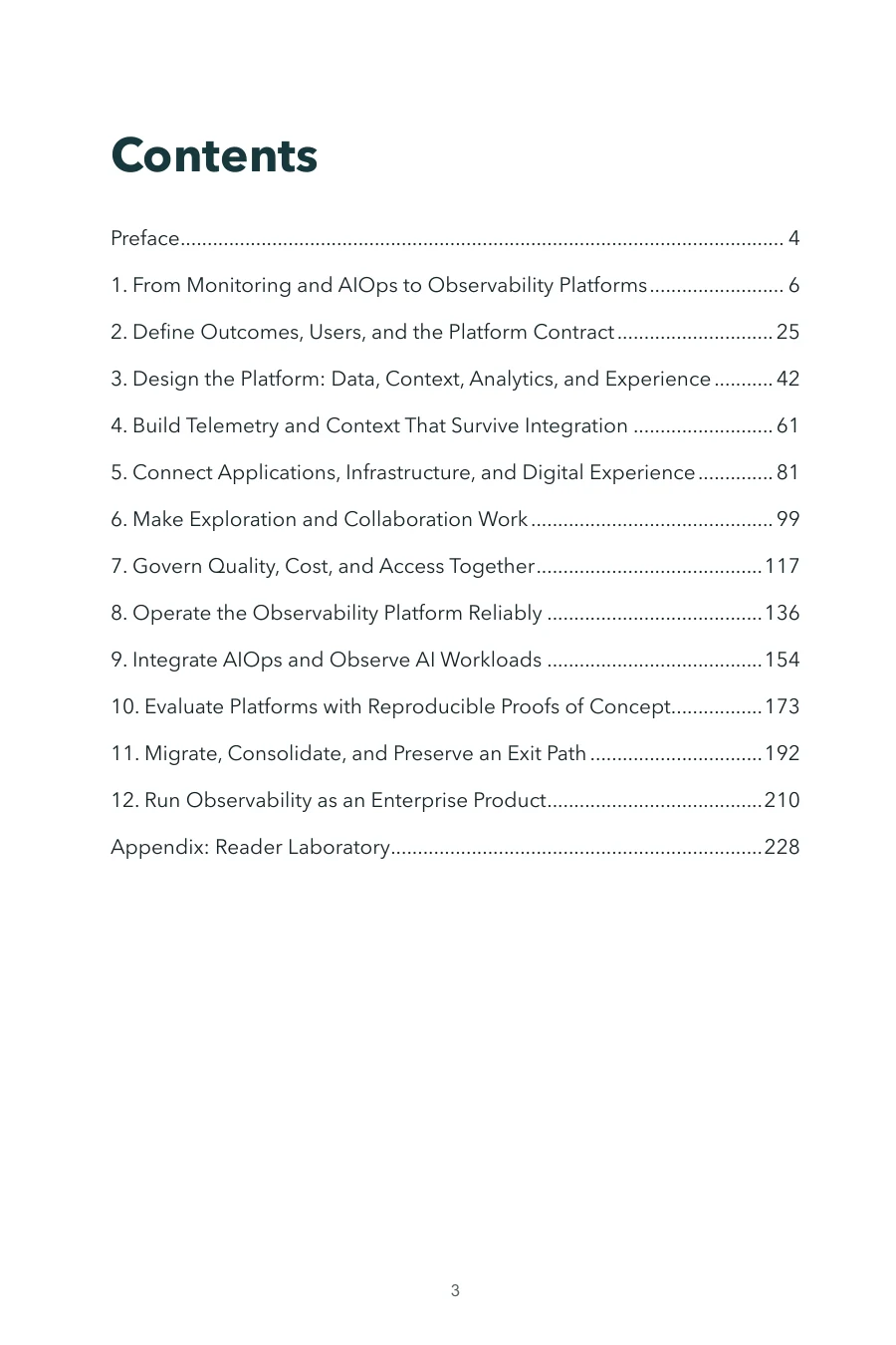 Contents page of Understanding the Magic Quadrant for Observability Platforms, including Chapter 3: Design the Platform: Data, Context, Analytics, and Experience